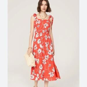Jason Wu Floral Midi Dress Womens Size 4 Tie Straps Fit & Flare Red White (flaw)